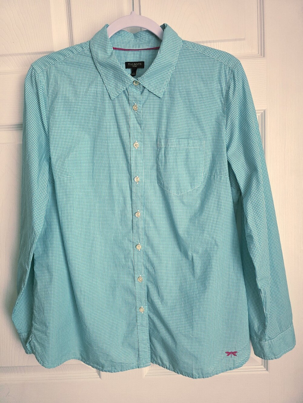 NWT Talbots Petites Turquoise Gingham Cotton Roll Tab Shirt LP